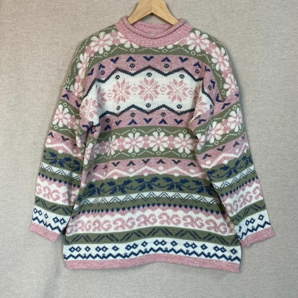 Vintage Private Eyes Womens Fair Isle Knit Sweater Size XL Roll Neck Ski Cabin